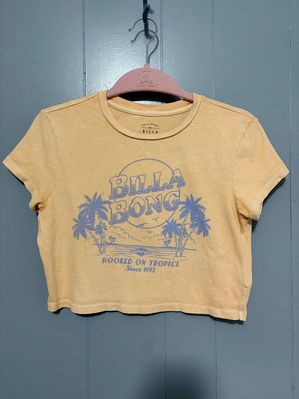 Billabong Yellow Beach Graphic Cotton Crewneck Cropped Boho Surfer T-shirt S